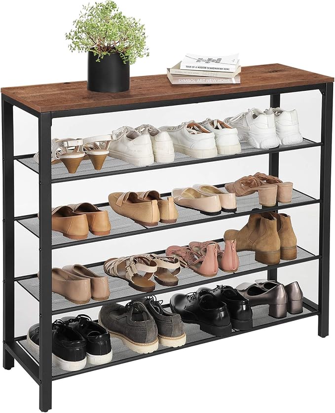 VASAGLE INDESTIC Shoe Rack, Shoe Organizer for Closet with 4 Mesh Shelves and Large Top for Bags, Entryway Hallway Shoe Shelf, Steel Frame, Industrial, Hazelnut Brown and Black ULBS015B03