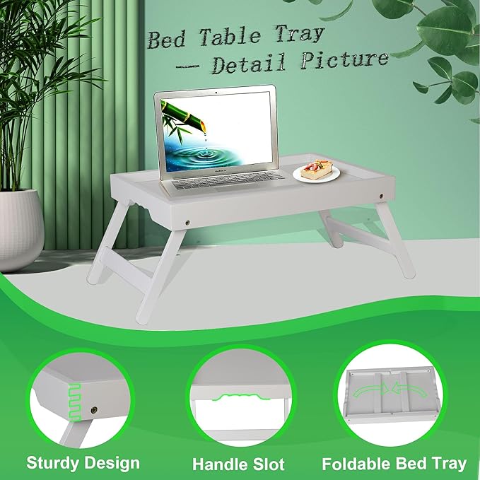 Bamboo Bed Tray Table with Foldable Legs, Breakfast in Bed Tray for Kitchen Serving Tray, Eating, Working, Drawing Tray (2 Pack, White)
