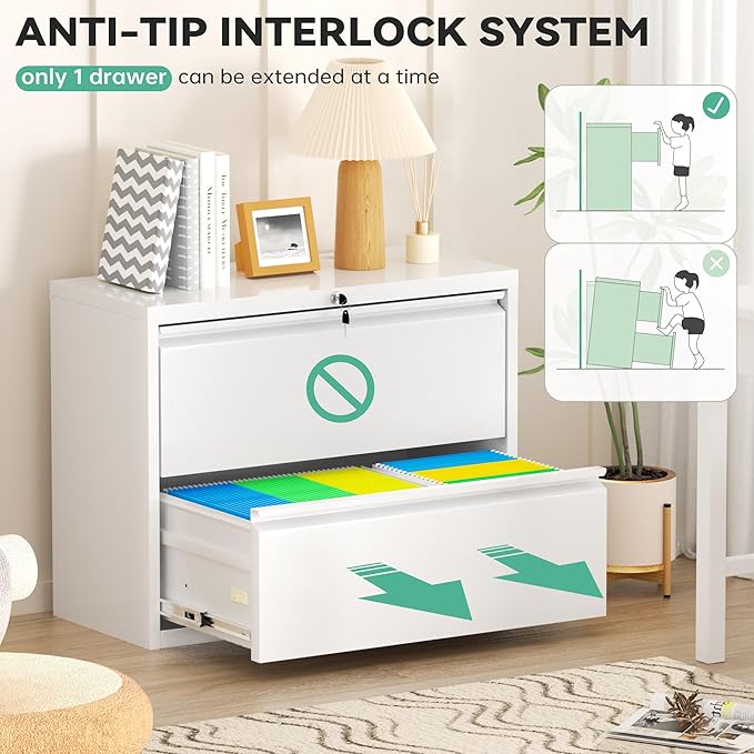 Superday Lateral File Cabinet 2 Drawer Metal File Cabinet with Lock, White Filing Cabinets for Home Office, Locking Filing Cabinets Hanging Files Letter/Legal/F4/A4