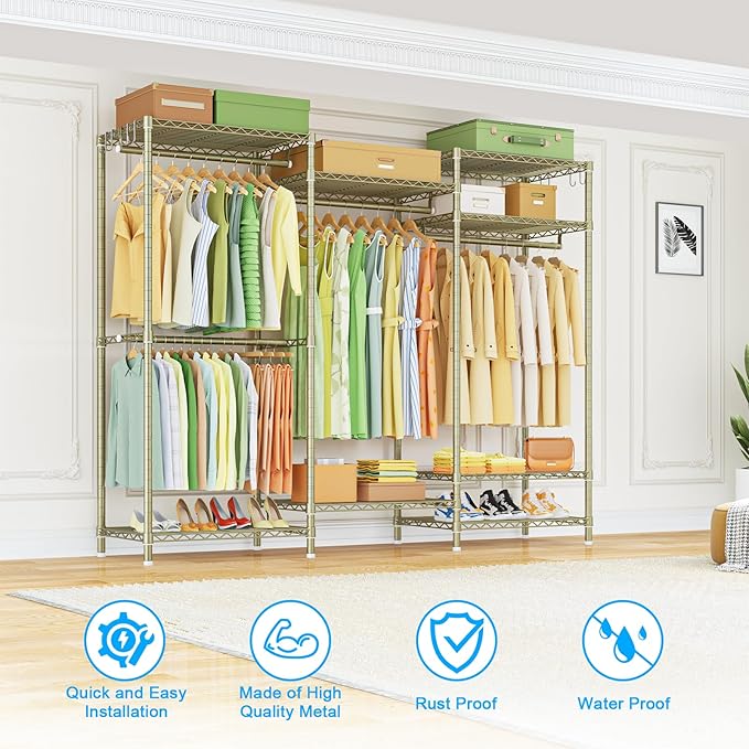 Ulif E13 Heavy Duty Clothes Rack（With 4 Hanger Rods & 8 Shelves） Freestanding Clothing Racks for Hanging Clothes，Adjustable Closet Organizer，Metal Garment Rack 63" W x16 D x77 H，Max Load 900LBS，Gold