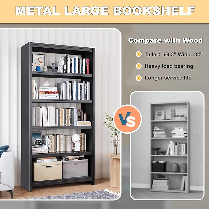 69" Metal Bookshelf,5 Tier Library Bookcase,Bedroom Bookshelves and Bookcases,Tall Book Case/Shelves for Living Room,Office,Black Large Bearing Book Shelf