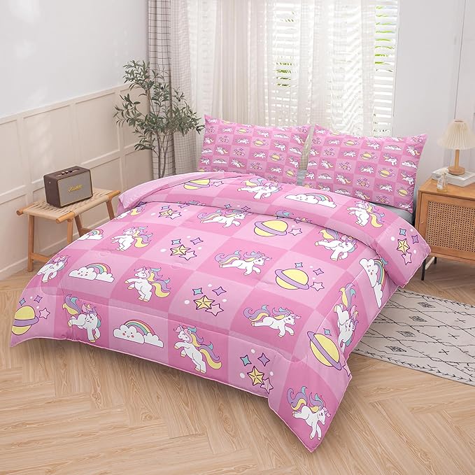 Tailor Shop Pink Queen Bedding Sets for Girls Kids Chessboard Grid Unicorn Comforter Girls Comforter Set Unicorn Room Decor Ultra Soft Bed Set with 2 Pillowcase…