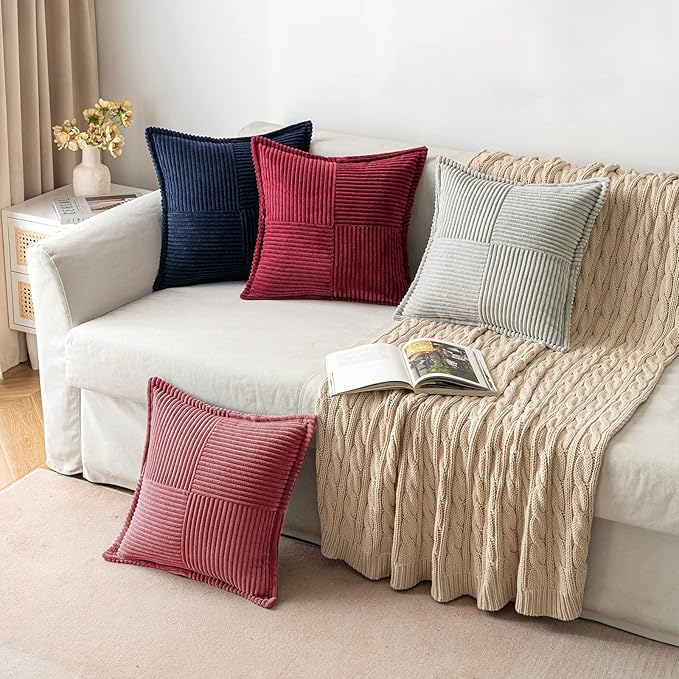 MIULEE Decorative Lumbar Throw Pillow Covers for Couch Bed Livingroom 12x20 Inch Set of 2 Cranberry Red Boho Accent Throw Pllows Broadside Striped Patchwork Soft Corduroy Pillowcases