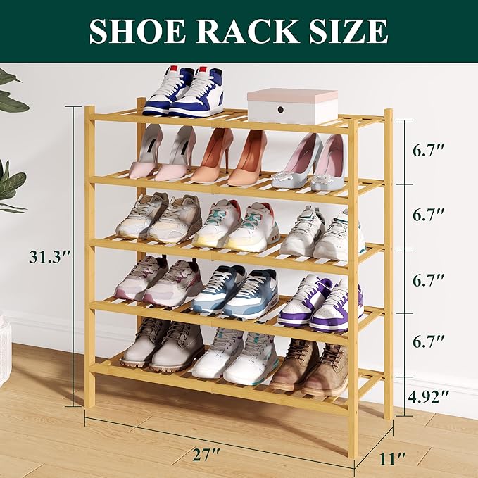 Smiry Bamboo Shoe Rack for Closet, 5 Tier Wooden Stackable Shoe Organizer, Free Standing Shoes Storage Shelf for Entryway, Front Door Entrance, Natural