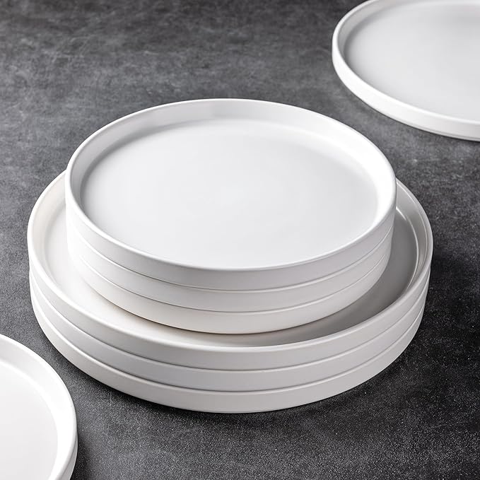 AmorArc Ceramic Dinnerware Sets for 6, Modern Flat Stoneware Plates and Bowls Sets,Chip and Crack Resistant | Dishwasher & Microwave Safe Dishes Set,Scratch Resistant- Service for 6 (18pc)-Matte White