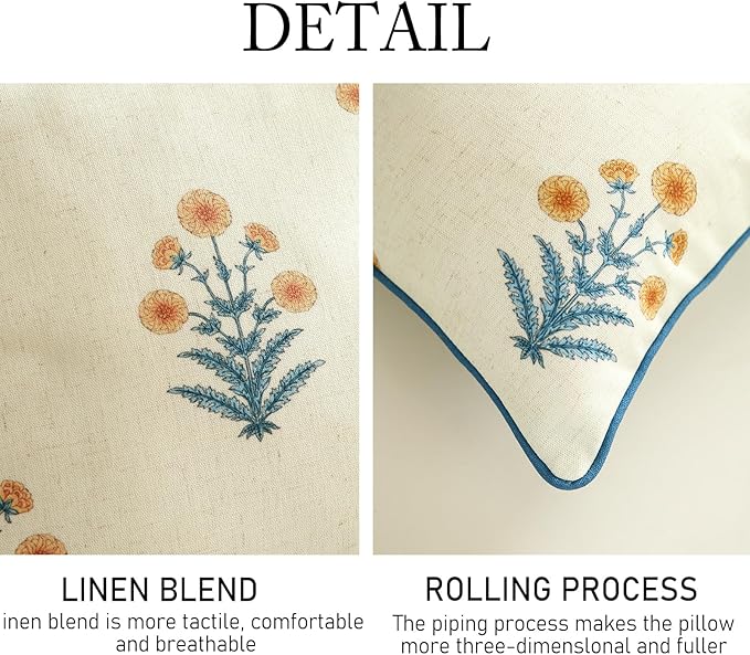 Design Square Simple Elegant Linen Throw Pillow Covers 18"x18" Pack of 2, Blue Yellow Floral Pattern Cushion Covers Decor Pillowcases for Bed,Living Room,Outdoor,Car