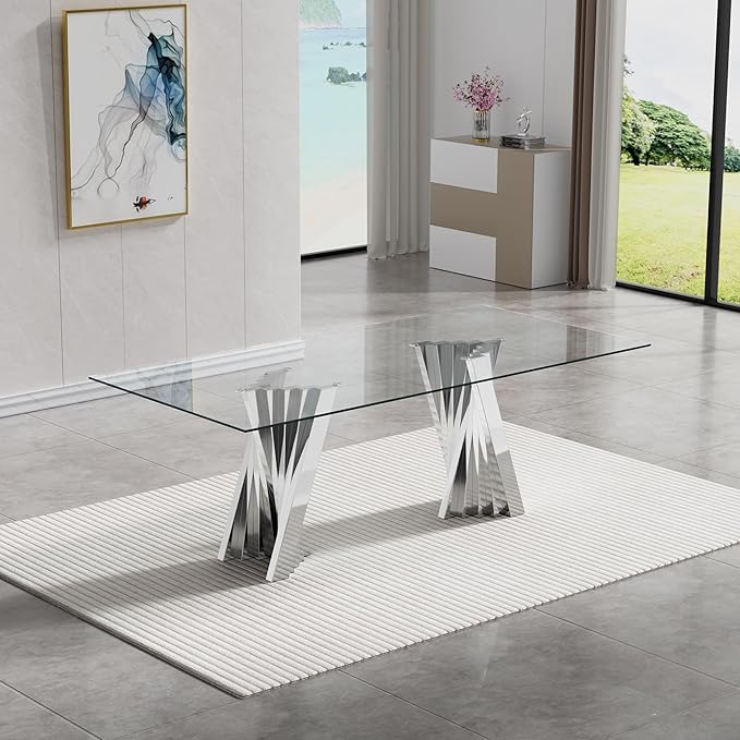 Goujxcy Modern 5 Piece Glass Dining Table Set Luxury Glass Kitchen Table and Chair Set for 4, 70" Large Rectangular Dining Room Table with 4 Tufted Chairs and Stainless Steel Legs (Silver & Beige)