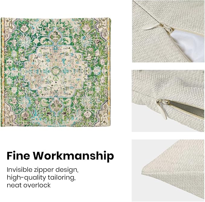 Boho Pillow Covers 18x18 Set of 2, Carpet Pattern Green Decorative Throw Pillows Farmhouse Bohemian Cushion Pillow Covers for Sofa Couch Outdoor Decor