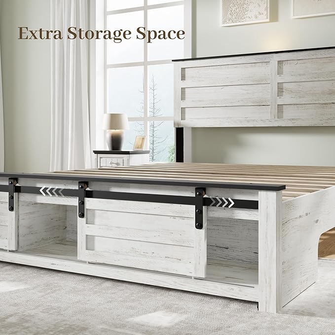 Full Size Bed Frame with Wood Headboard, Wooden Platform Bedframe with Sliding Barn Door Footboard and Charging Station Easy Assembly, No Box Spring Needed (Boho White, Full)