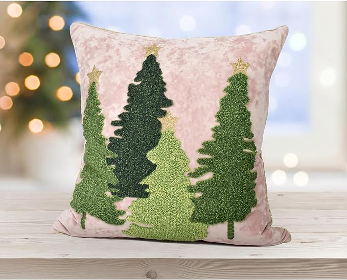 Christmas Tree Pillow Covers 18x18, Embroidered Throw Pillow Covers for Holiday Decorations, Pink Blush Green Velvet Cushion for Home Couch