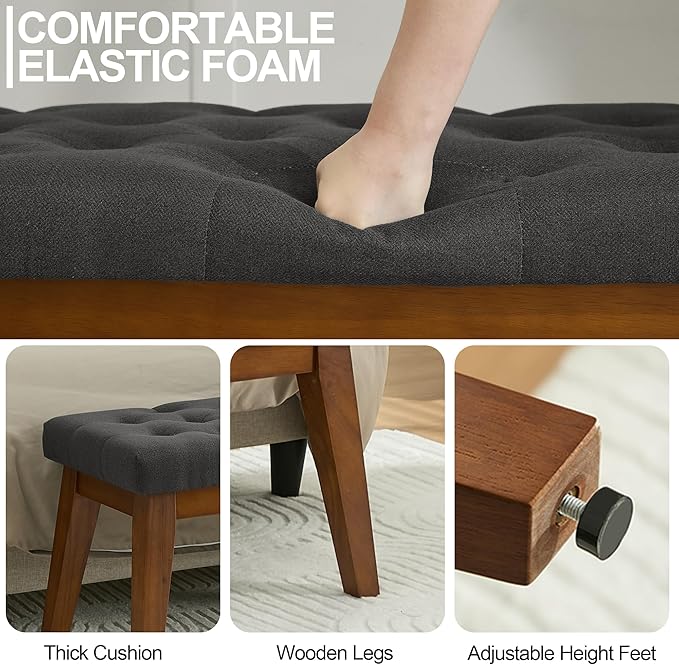 43.5'' Linen Bedroom Bench, Upholstered End of Bed Bench with Tufted Button, Padded Vintage Dining Bench, Entryway Bench with Solid Wood Legs, Kitchen, Living Room, Hallway, Dark Grey Tufted