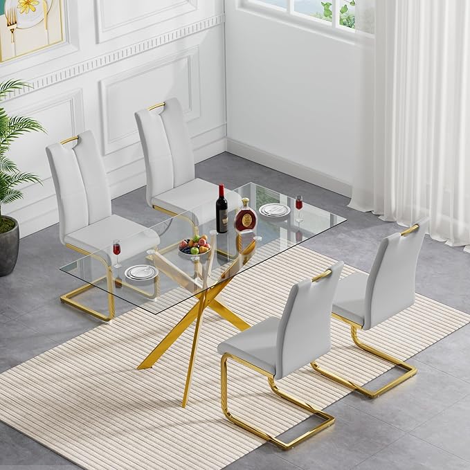 51'' Gold Glass Dining Table Set for 4,5 Piece Kitchen Table and Chairs Set with Metal Legs and 4 PU Leather Dining Chairs for Kitchen Room Small Spaces