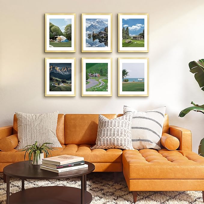 FIXSMITH 11x14 Picture Frame Bulk-6 Pack, Photo Frame with HD Plexiglass, Display Pictures 8x10 with Mat or 11x14 Without Mat, Gold Picture Frames Collage Wall Decor