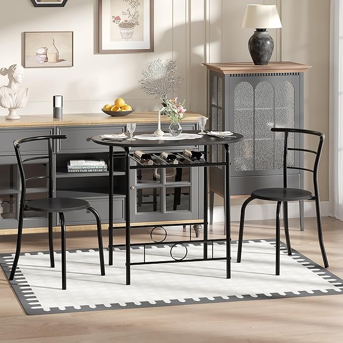 VECELO 3-Piece Dining Table Set for Kitchen Breakfast Nook, Wood Grain Oval Tabletop and Metal Frame with Built-in Wine Rack, for Small Spaces, Black