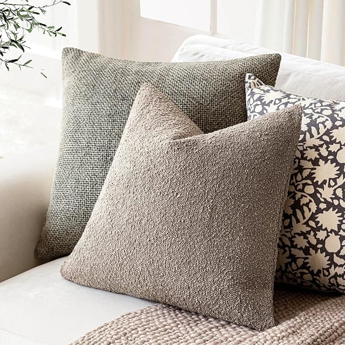 Foindtower Pack of 2 Textured Boucle Throw Pillow Covers Accent Solid Pillow Cases Cozy Soft Decorative Couch Cushion Case for Chair Sofa Bedroom Living Room Home Decor 18x18 Inch Light Taupe