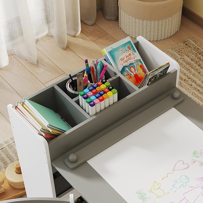 Qaba Kids Art Table & Easel Chair Set with Paper Roll, Toddler Desk and Chairs Set with Storage Shelves and Drawers, Activity Craft and Play Table for Writing Drawing Aged 3-8 Years Old, Gray