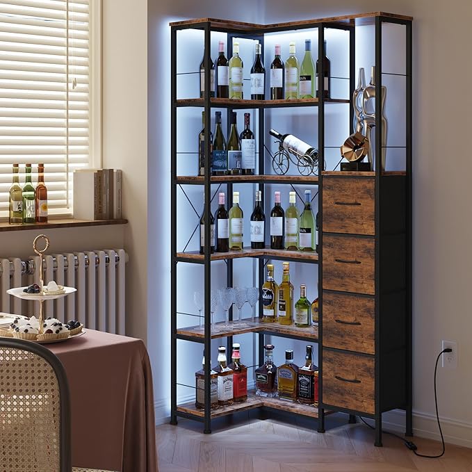 Corner Bookshelf with LED Light Strips & 4 Fabric Drawers, 6-Tier Convertible Corner Shelf with Display Shelf, Large Wood Industrial Bookcase for Living Room, Bedroom, Home Office, Rustic Brown