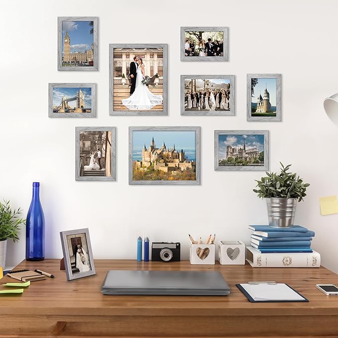 upsimples 10 Pack Picture Frames Collage Wall Decor for Mounting or Tabletop Display, Photo Gallery Frame Set for Family, Multi Sizes Including 8x10, 5x7, 4x6, Gray