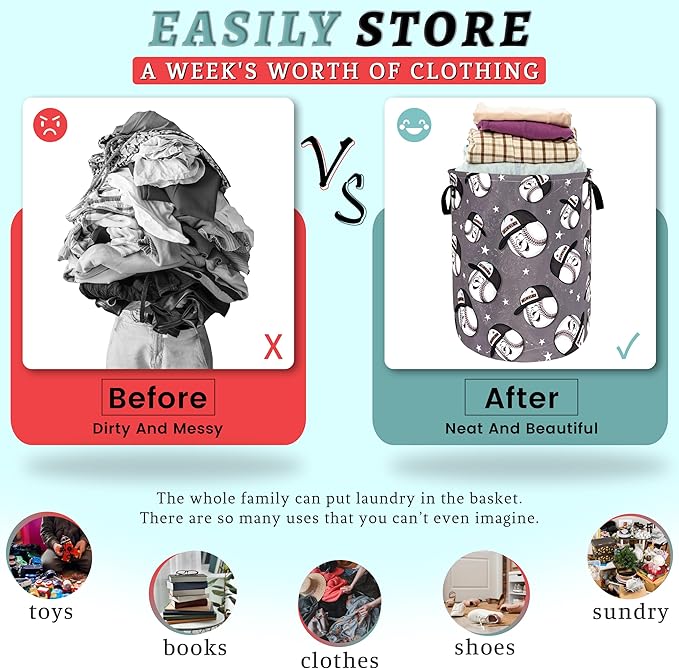 Funny Baseball Laundry Basket Foldable Oxford Cloth Baseball Laundry Hamper With Handle Portable Clothes Storage Basket 18.9 X 16.5 Inch Storage Bag For Laundry Room/Bathroom/Bedroom