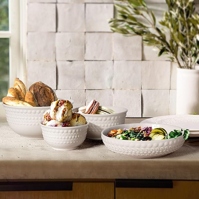 Small Ceramic Bowls - 14 Oz Ice Cream Bowls Set of 4, White Embossment Dessert Bowl for Kitchen, Soup, Side Dishes, Oatmeal, Rice, 4.75 Inch Microwave Oven Safe(Multiple Patterns)