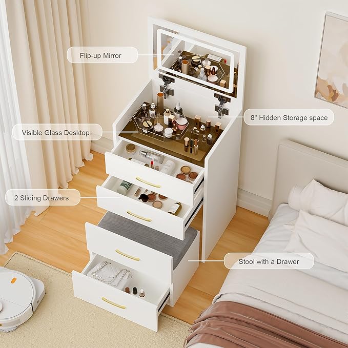 Ball & Cast 3-in-1 Vanity Desk with Flip Mirror & Glass Desktop,3 Dimmable Colors Light Compact Makeup Vanity Table Set w/3 Deep Drawers,Adjustable Brightness Dressing Table for Women Girls Bedroom