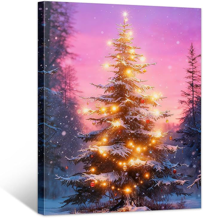 Framed Christmas Pictures Wall Decor,Vintage Pine Tree Prints,Winter Christmas Canvas Wall Art Decoration for Bedroom Bathroom Living Room Rustic Xmas Holiday Gifts (Christmas Tree 18, 12'' X 16'')