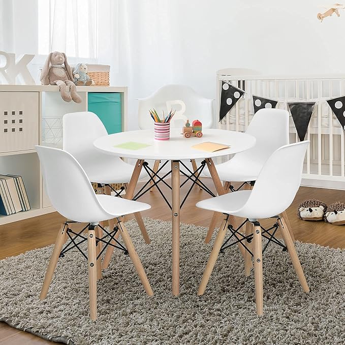 Costzon Kids Chair 4 Pcs, Toddler Chair in Mini DSW Size w/Solid Wood Legs, Wire Steel Base, Curved Backrest, Mid-Century Plastic Study Chair for Children of 3+, Ideal for Nursery, School & Home Use