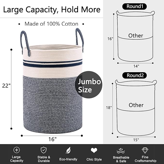 Woven Rope Laundry Hamper Basket, 72L Tall Laundry Basket, Baby Nursery Hamper for Blanket Storage in Bedroom-Large-Blue