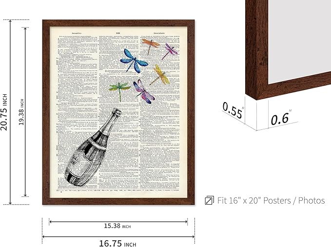 Poster Master Dictionary Art Poster - Champagne Bottle Print - Dragonfly Art - Alcohol Art - Gift for Men, Women & Bartender - Great Decor for Bar, Kitchen or Restaurant, 16x20 Brown Framed