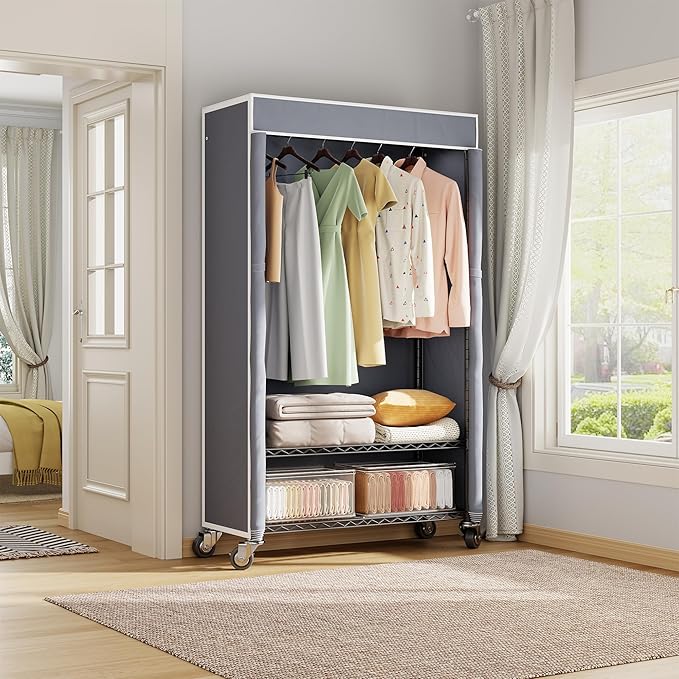 H4 Heavy Duty Clothes Rack with Cover, Rolling Garment Rack, Wardrobe with Cover and Wheels, Closet Organizer Shelf, Portable Closet Organizer and Storage, Black Clothing Rack with Grey Cover