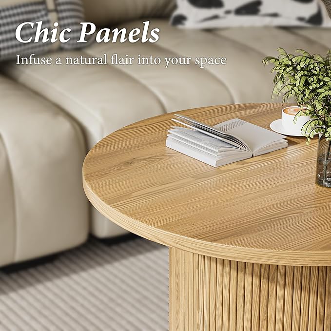 Round Coffee Table with Metal Frame, 35" Coffee Tables for Living Room, Circle Wood Accent Center Table for Apartment, Oak