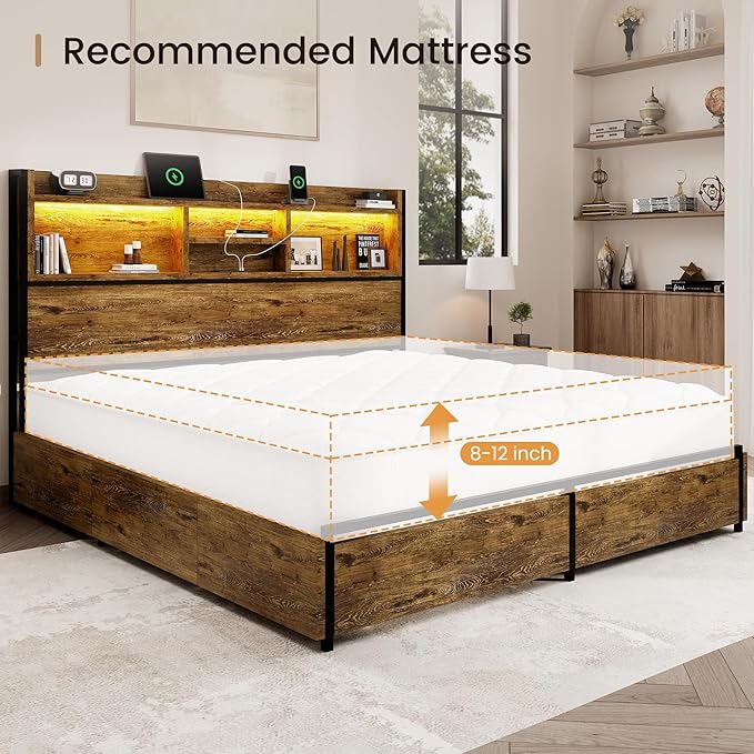 Queen Storage Bed Frame with 6 Drawers, USB Charging Station, No Noise, No Box Spring Required, Vintage Brown Headboard Platform Bed