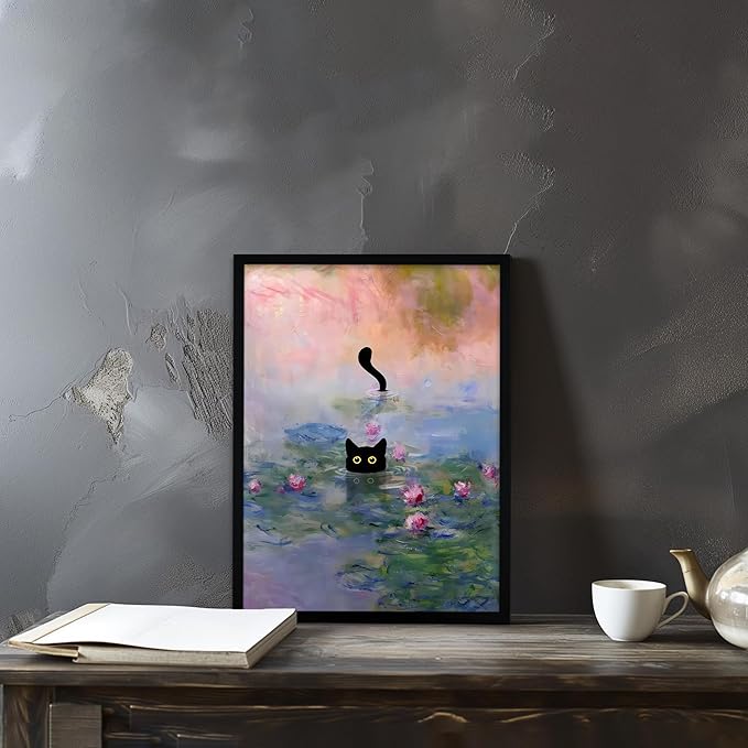 Krtoni Framed Funny Black Cat Canvas Wall Art, Black Cat in the Pink Water Lily Wall Decor, Vintage Preppy Aesthetic Animal Posters Prints for Living Room Bedroom Bathroom Decor 16''L x 12''W