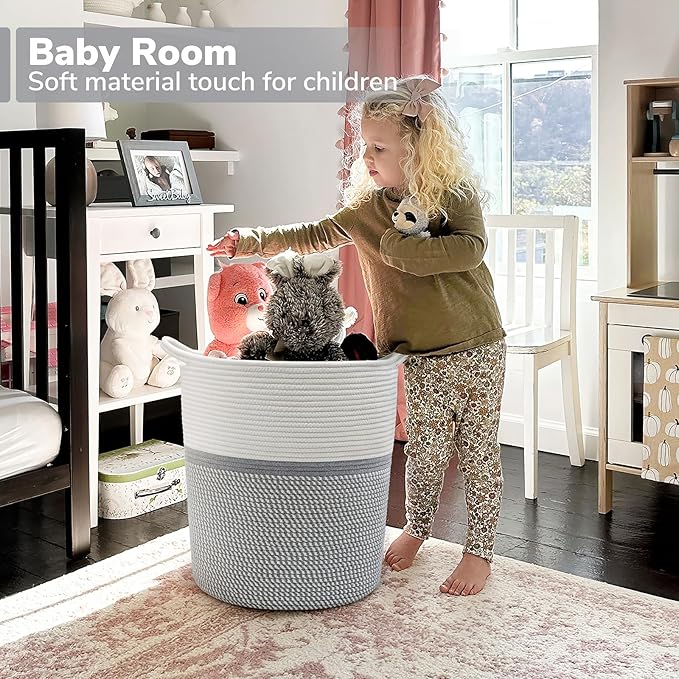 INDRESSME Baby Laundry Basket for Nursery, Kids Laundry Hamper, Tall Storage Basket for Living Room, Rope Basket for Blankets, Clothes, 17¾ x 15¾ x 13¾ inches, Grey