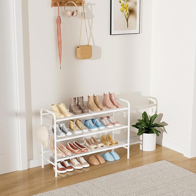 3 Tier Shoe Rack 33" Wide Metal Shoe Organizer Long Shoe Storage with 4 Side Hooks Sturdy Shoes Shelf for Front Door Entrance, Closet, Garage, Dorm, White