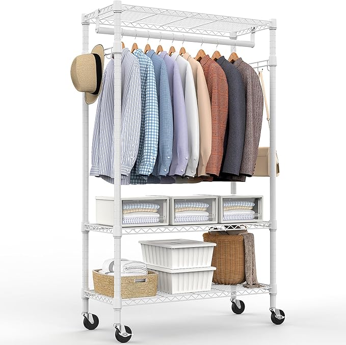 Heavy Duty Rolling Garment Rack 3 Tiers Adjustable Wire Shelving Clothes Rack with Rods and Side Hooks,Storage Closet Clothing Rack with Wheels White 15.7" D x 29.5" W x 74.5" H