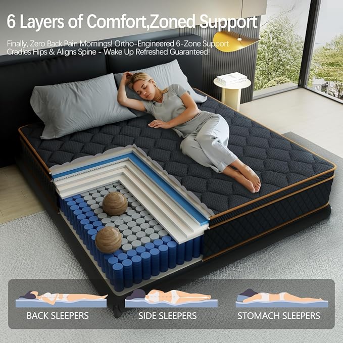 Queen Mattress- 12 Inch Hybrid Firm Support with Pocketed Coils & Cooling Gel Memory Foam | Orthopedic Back Pain Relief | Breathable | Queen Size Mattresses in a Box