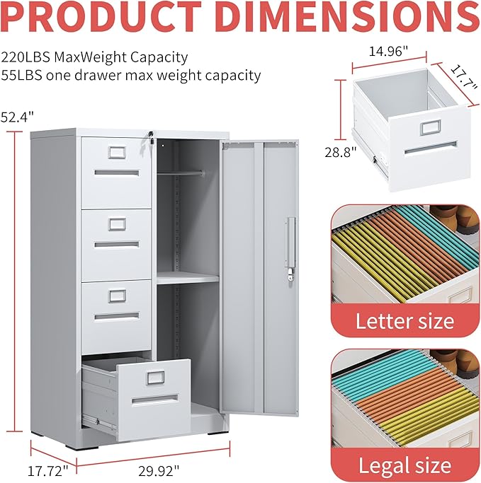 Locking File Cabinet with 4 Drawers and 1 Door,White Metal Storage Locker Cabinets for Employees,Home Office Filing Cabinets for Legal/Letter Size Files, Assembly Required