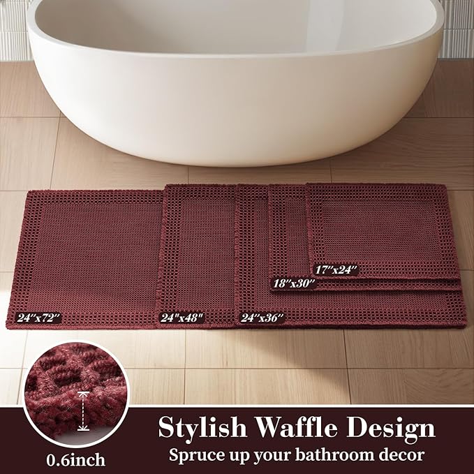 RESARE Waffle Bath Mat for Bathroom, Super Absorbent Bathroom Rugs Non Slip Machine Washable, Ultra Soft Quick Dry Boho Bath Rugs with Tassels for Floor, Upgraded Bordered Design, 24"x36" Dark Red