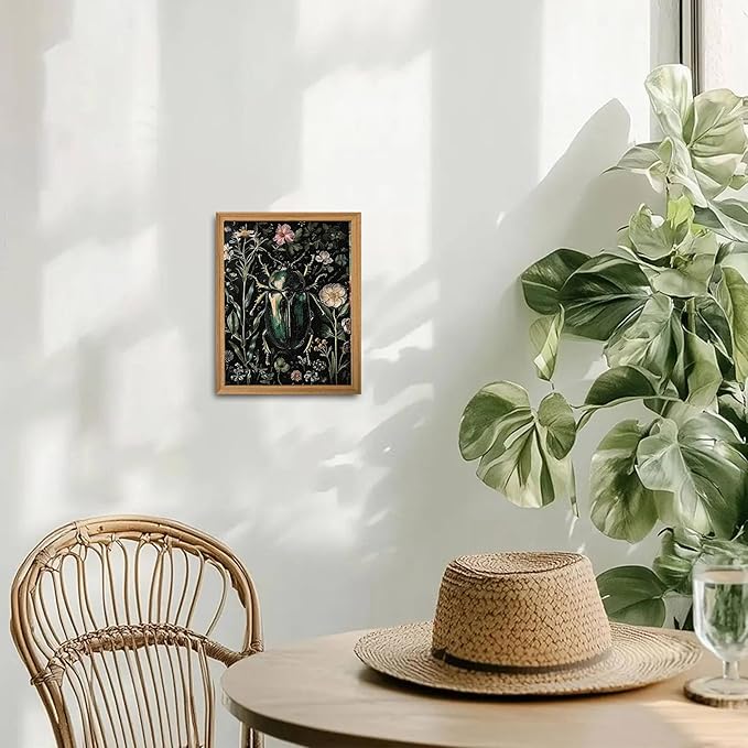 Framed Vintage 3D Textured Wall Art - Gothic Dark College Beetle Wall Decor - Hand Drawn Sandstone Nature Botanical Pictures for Living Room Bedroom Home Decor 8x10in