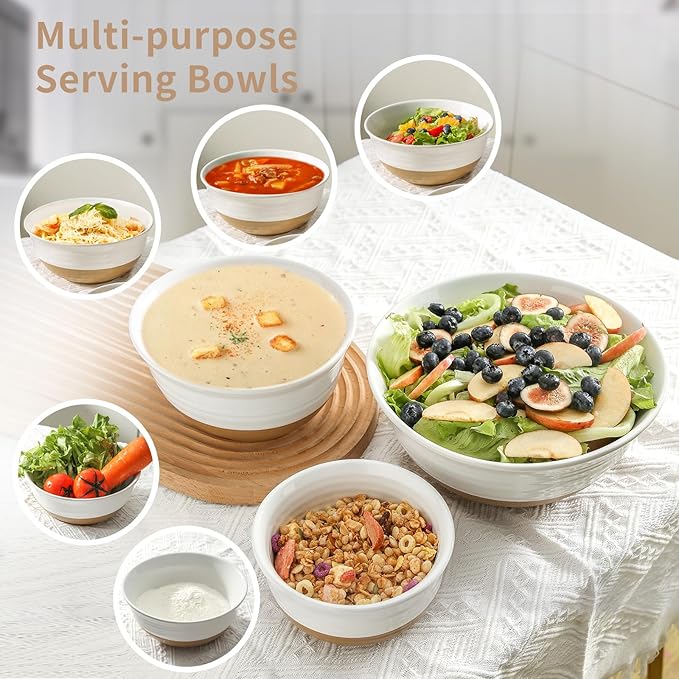 Hasense Ceramic Mixing Bowls, Large Salad Pasta Bowls Set, 2.1/1.0/0.5 Qt Serving Bowls for Entertaining, White Nesting Batter Bowls for Prepping Baking, Dishwasher Microwave Safe, Set of 3