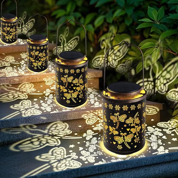 2025 Upgraded Dragonfly Solar Lanterns Outdoor Waterproof Hanging Lights, Hollowed-Out Metal Solar Lantern for Garden, Patio, Porch, Yard Decorations & Gifts for Women, Mom, Grandma