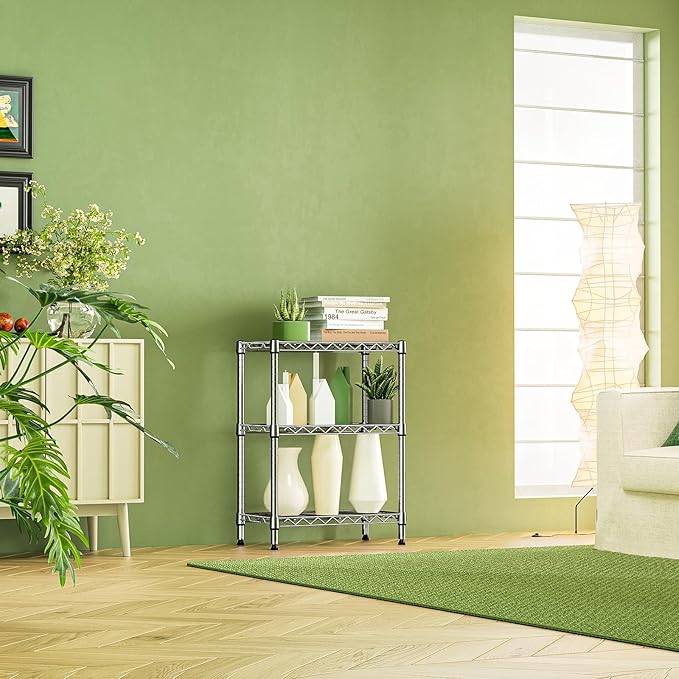 IZEUK 3-Tier Steel Storage Shelves, Heavy Duty Metal Shelf Wire Shelving Rack for Pantry, Kitchen, Living Room, or Office Organization (21.7" W x 11.8" D x 28.6" H, 750LBS, Chrome)