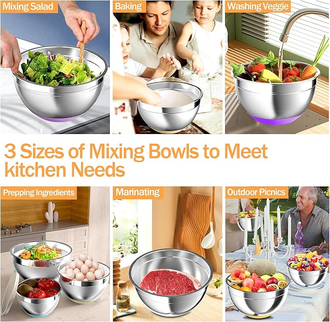 Mixing Bowls with Airtight Lids, Stainless Steel Mixing Bowl Set with 3 Metal Nesting Bowls, Colander & Grater, Non-Slip Bottoms, Size 1.5, 2.5, 6 QT, Great for Mixing & Serving, Mutilcolor