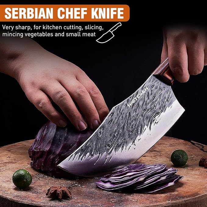 4PCS Hand Forged Butcher Knife and Kitchen Knife 2 in 1 Set, Heavy Duty Meat Cleaver Serbian Chef Knife Breaking Knife Boning Knife for Meat Cutting BBQ Gifts for Men Women