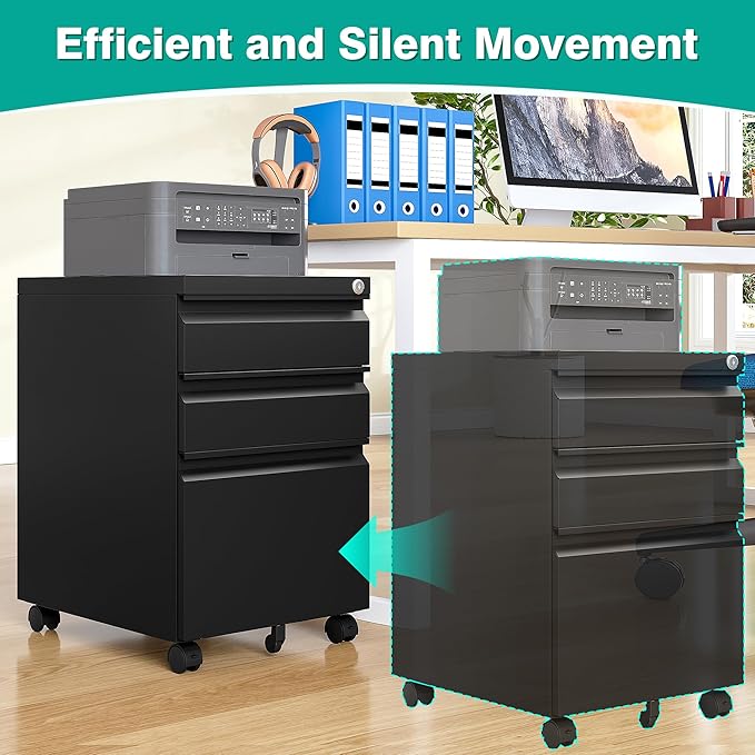 3 Drawer File Cabinet with Lock,Under Desk File Cabinet with Wheels,Black Rolling Filing Cabinets,Three Drawer Metal Filing Cabinet for Home Office,Fit A4/Letter/Legal File,- Assembly Required