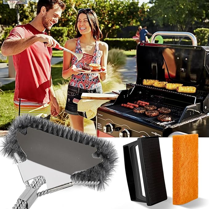 Professional Grill Brush and Scraper Kit - Heavy Duty BBQ Grill Cleaner Brush with Stainless Steel Scrubber, Outdoor Grill Cleaning Tools for Home, Restaurant & Commercial Use
