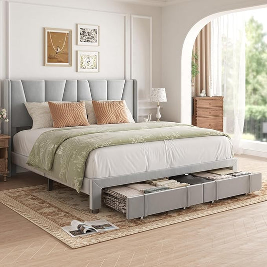 King Bed Frame with Storage Drawers, Upholstered King Size Platform Bed with 47" Tall Headboard and Wingboard, No Box Spring Needed, NO Noise, Easy Assembly, Wooden Support Slats,Light Grey