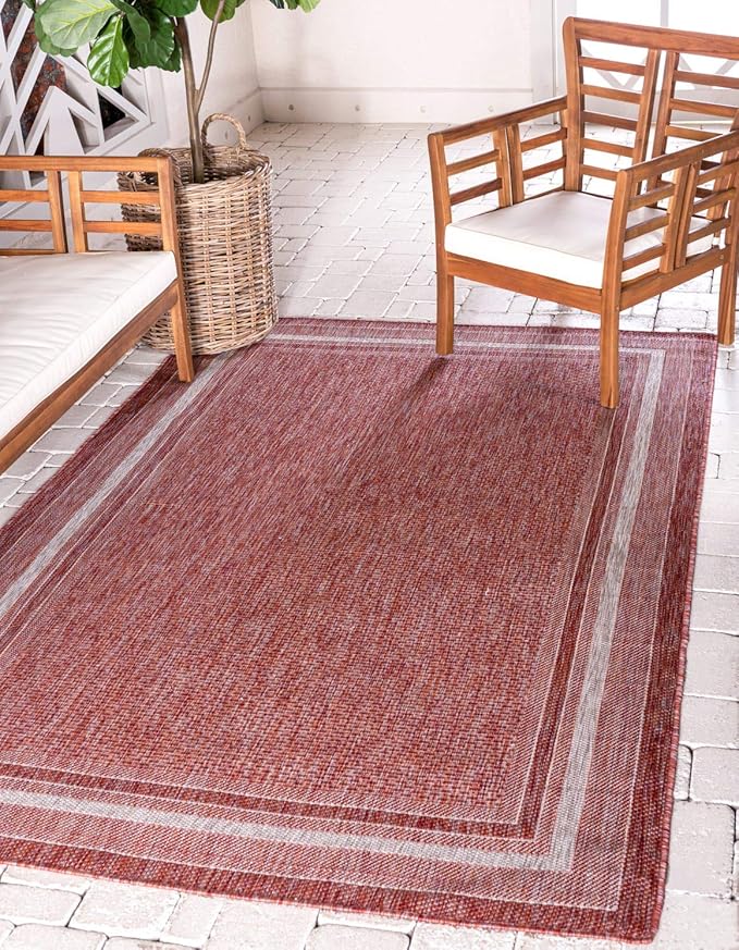 Unique Loom Outdoor Border Collection Area Rug - Soft Border (9'x 12' Rectangle, Rust Red/ Ivory)