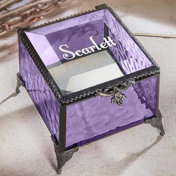 Personalized Engraved Jewelry Box Decorative Vanity Display Stained Glass Keepsake -J Devlin Box EB217-1 (Purple)